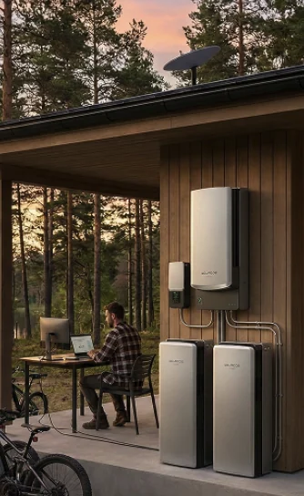 Home battery system installed outside a wood-sided home
