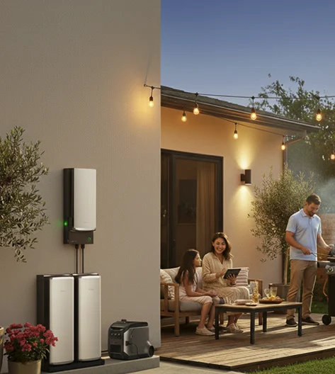 Home battery system installed outside a home, family relaxing on the patio at dusk